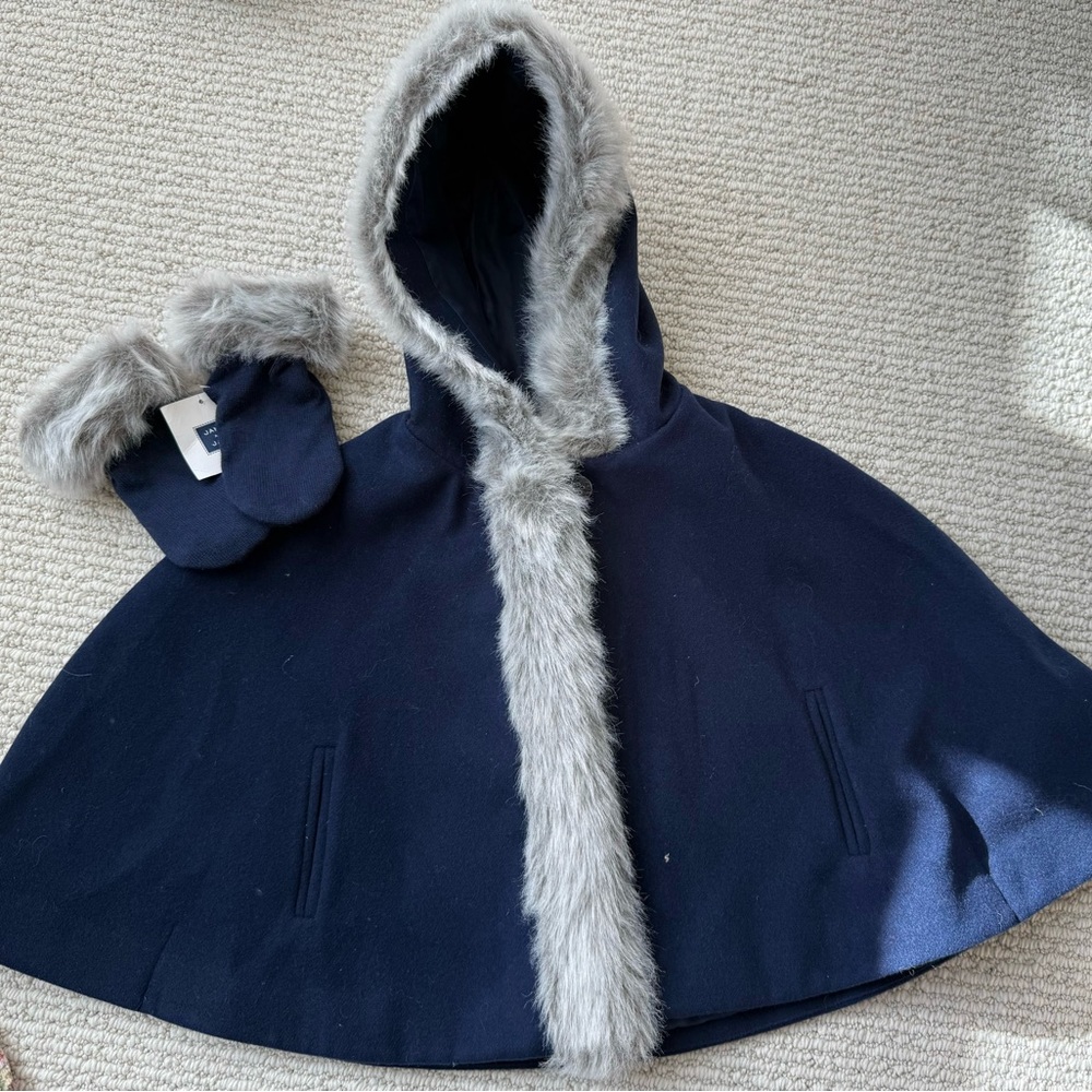 Janie and Jack Navy Cape with Gray Faux Fur
